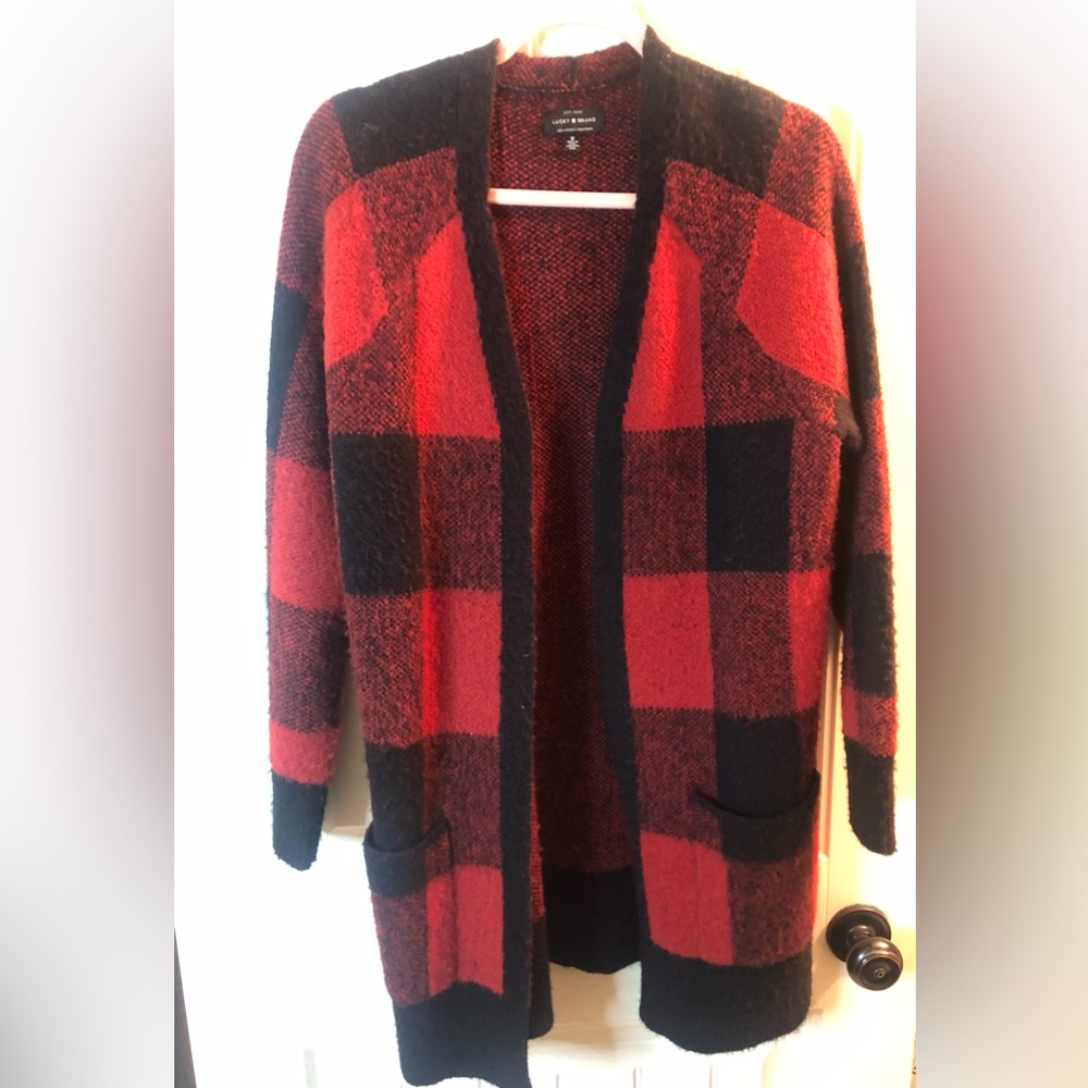Lucky Brand Red and Black Plaid Open-Front Coatigan